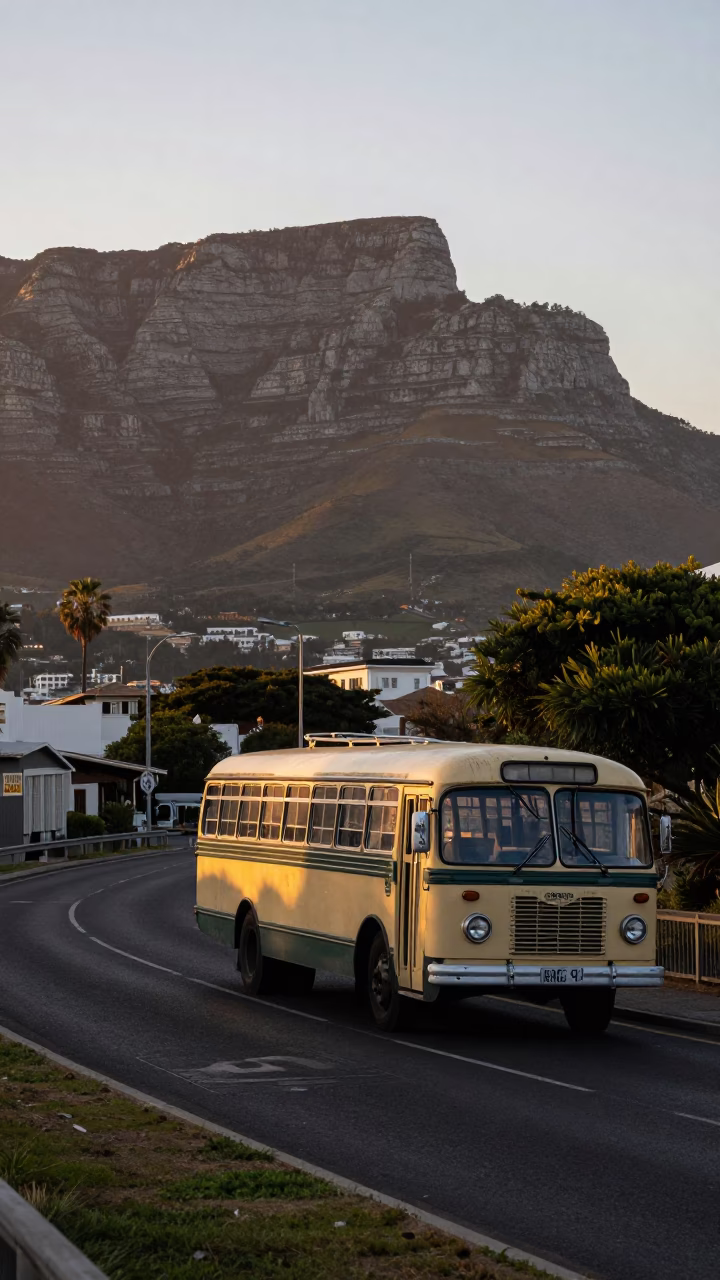 Cape Town Street Scene at Dawn with Classic Bus and Bougainvillea in in Cape Town, South Africa