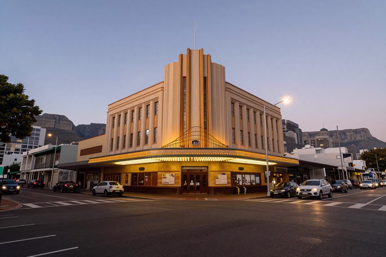 Cape Town Street Scene at Dusk with Art Deco Cinema and Vintage Sports Car in in Cape Town, South Africa