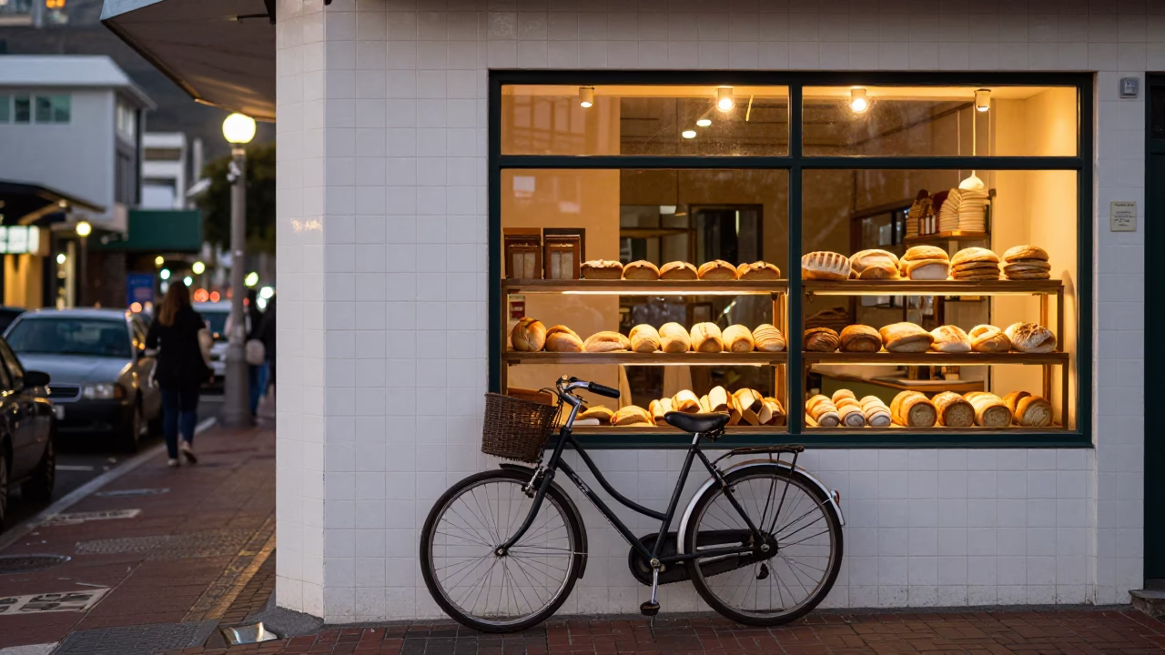 Cape Town Street Scene at Dusk with Bicycle and Bakery Exterior Lights in in Cape Town, South Africa