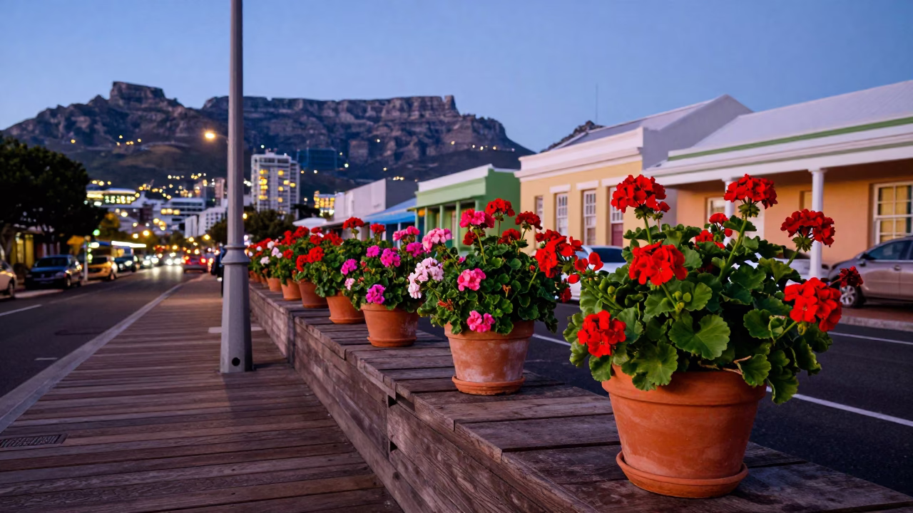 Cape Town Street Scene at Dusk with Colorful Geraniums and City Lights in in Cape Town, South Africa