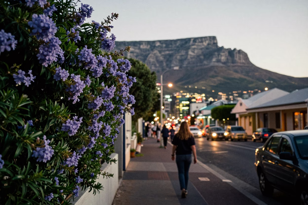 Cape Town street scene at dusk with plumbago hedge and city lights in in Cape Town, South Africa