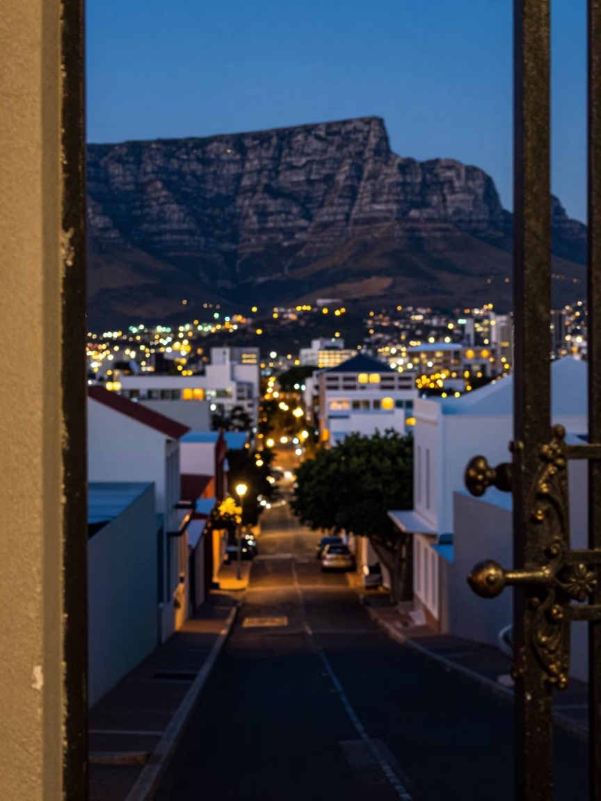 Cape Town Street Scene at Dusk with Table Mountain and Local Life in in Cape Town, South Africa