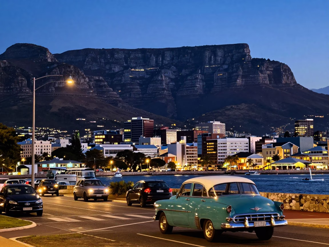 Cape Town Street Scene at Dusk with Table Mountain and Vintage Automobiles in in Cape Town, South Africa