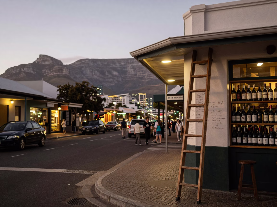 Cape Town street scene at dusk with wine shop ladder and local activity in in Cape Town, South Africa