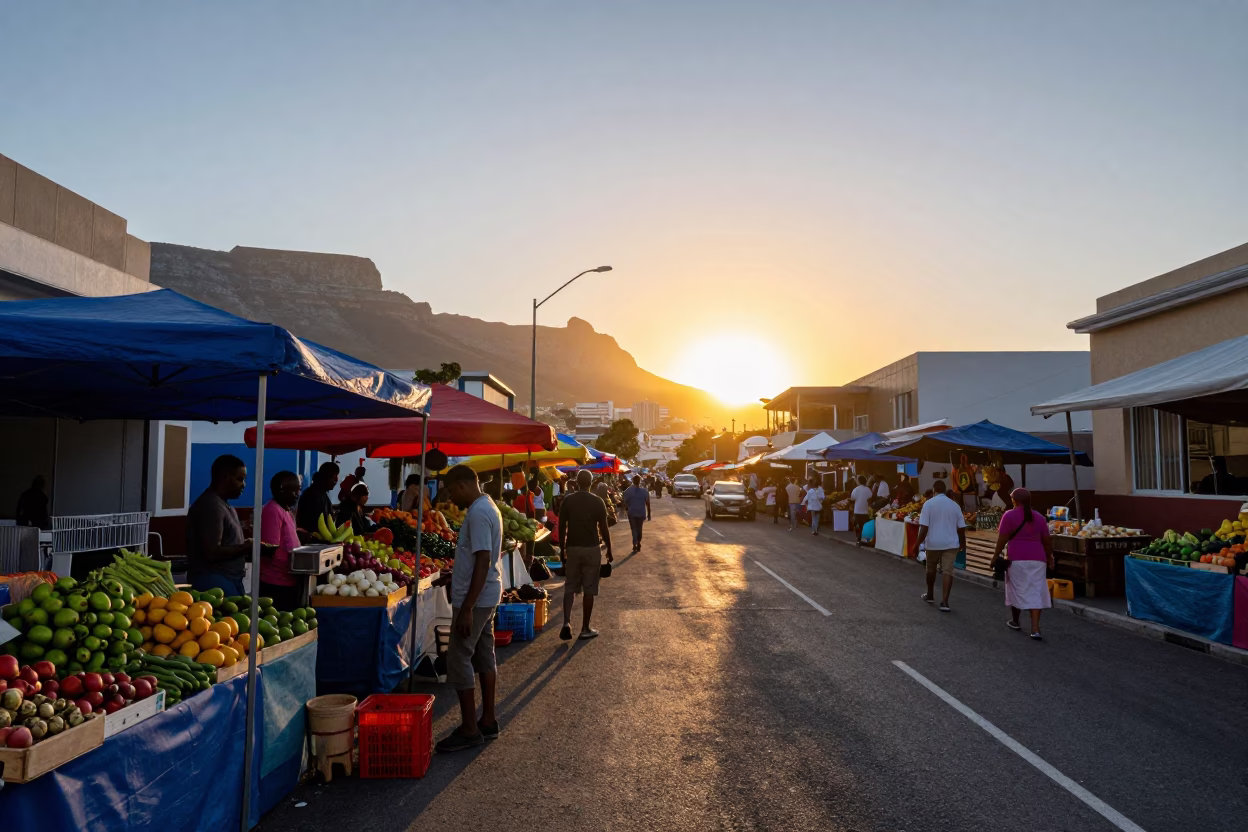 Cape Town Street Scene at Sunset with Colorful Market Stalls and Local Life in in Cape Town, South Africa
