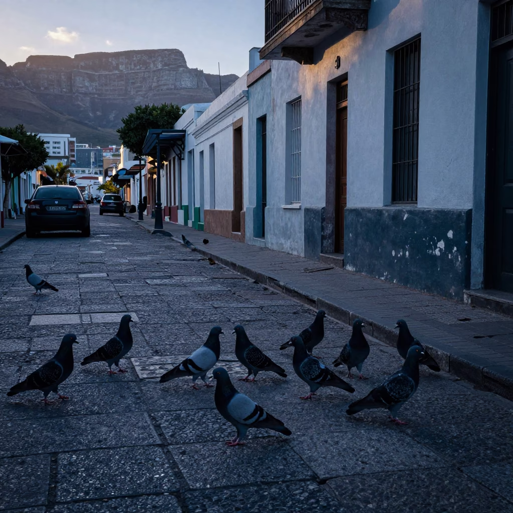 Cape Town street scene before sunrise with pigeons and weathered concrete architecture in in Cape Town, South Africa