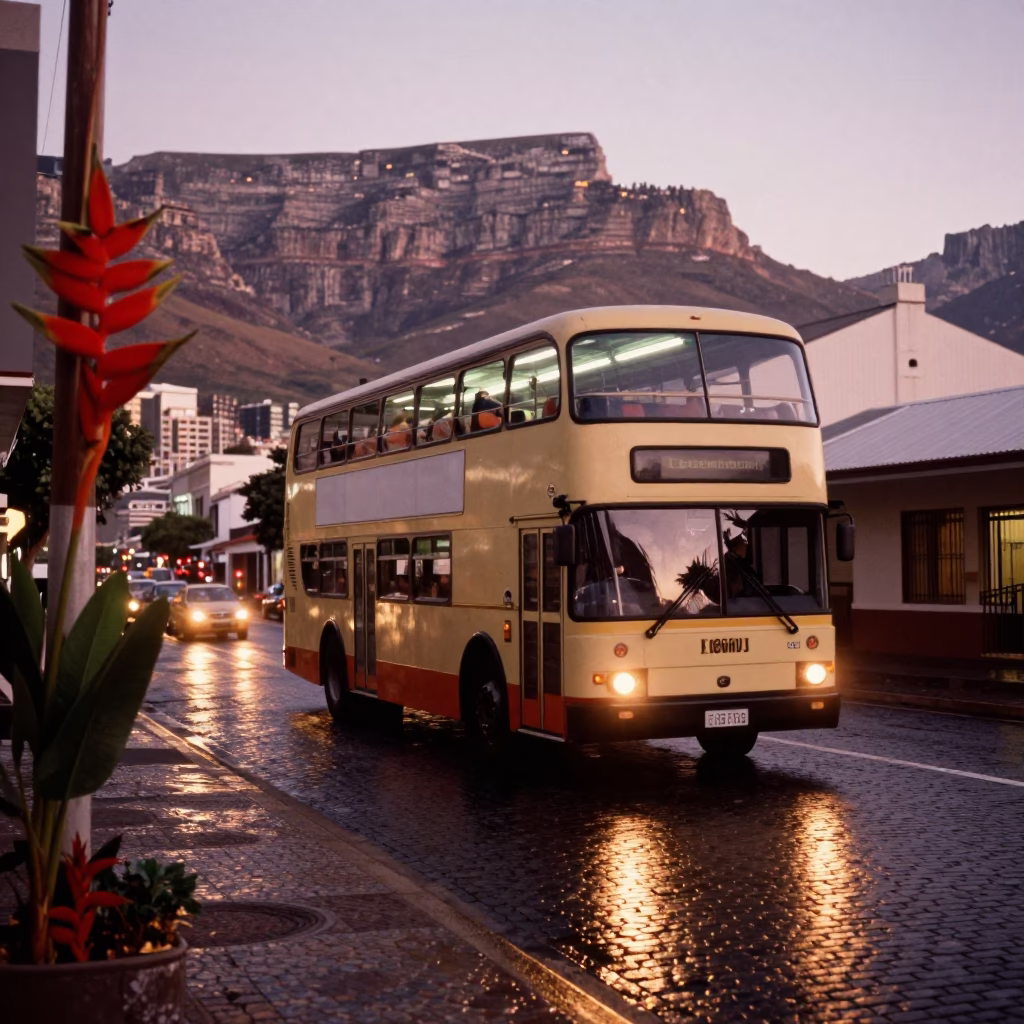 Cape Town Street Scene in Copper Dusk Light with Heliconia Blooms and Vintage Bus in in Cape Town, South Africa