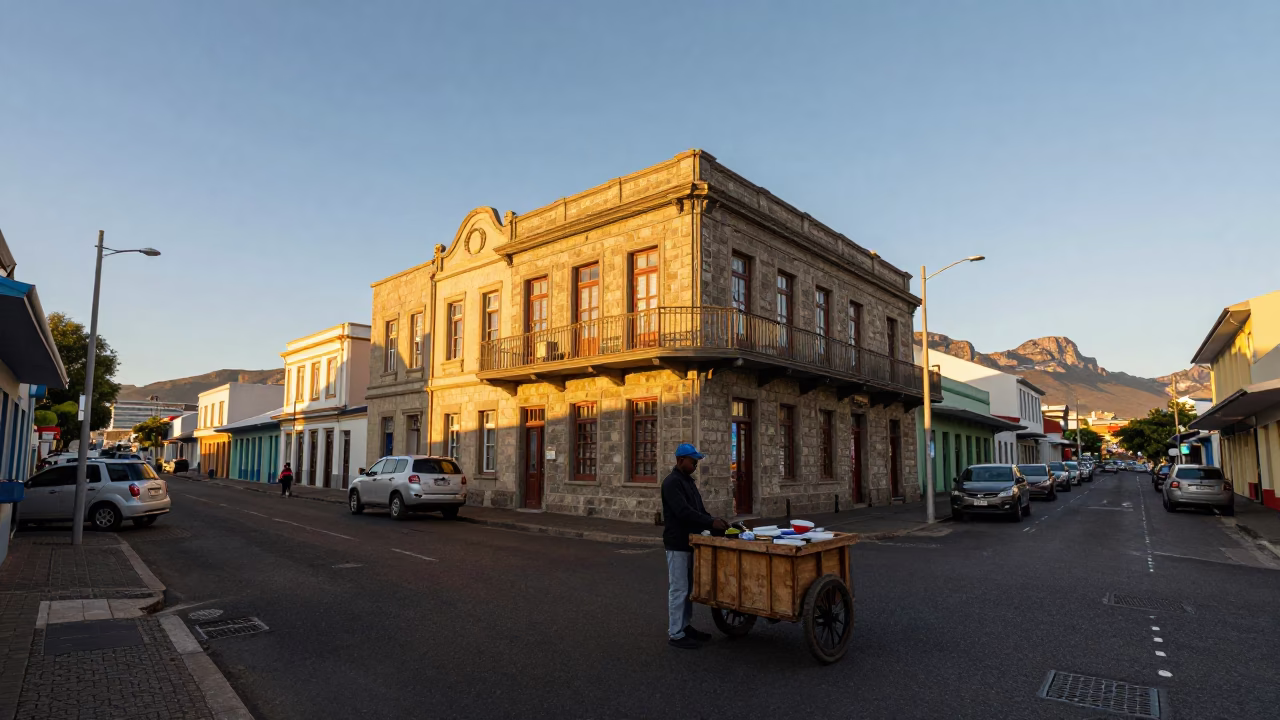 Cape Town Street Scene in Honeyed Evening Light with Local Market Activity in in Cape Town, South Africa