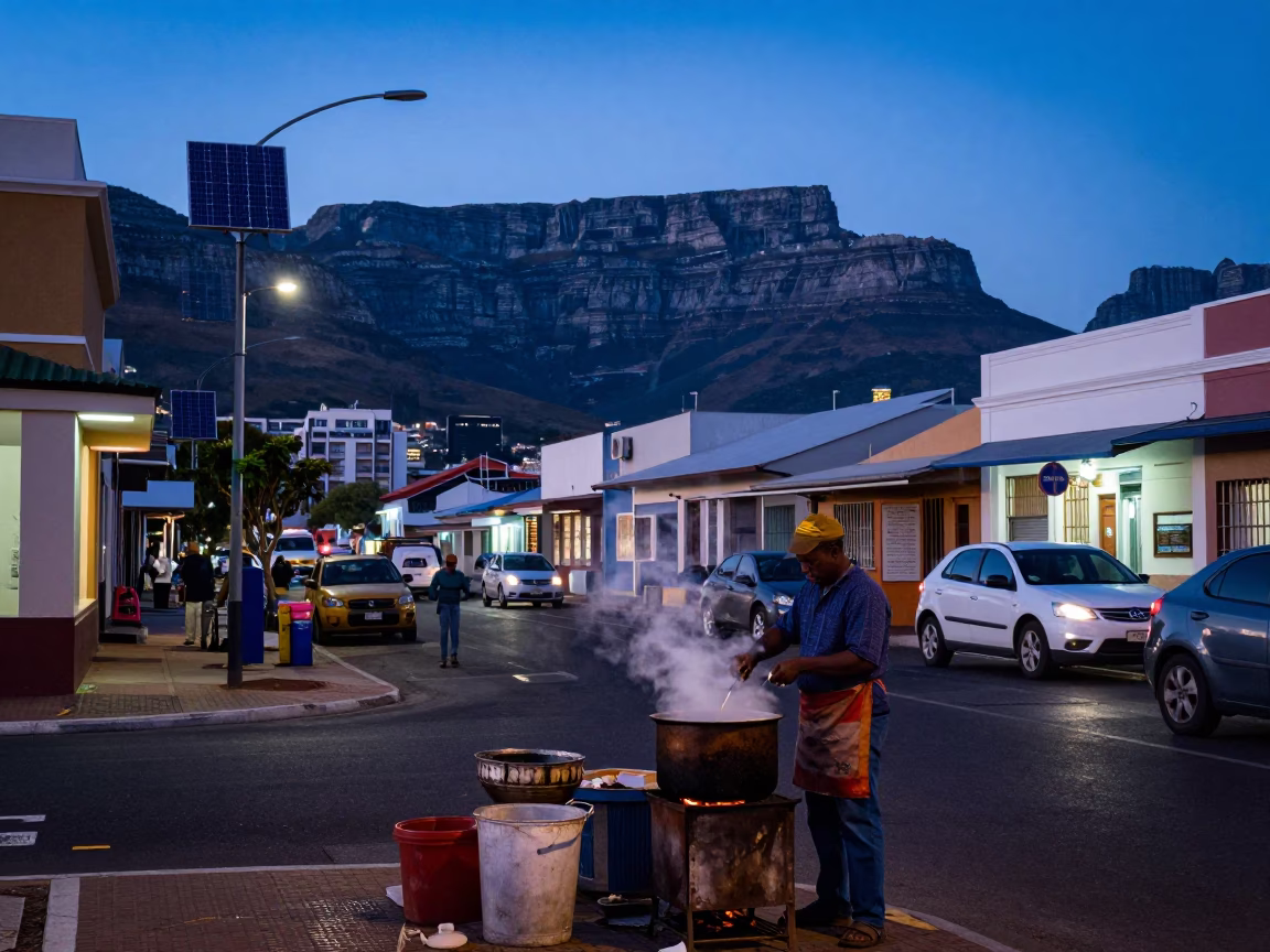 Cape Town Street Scene in Indigo Twilight with Solar Array and Cooking Pot in in Cape Town, South Africa
