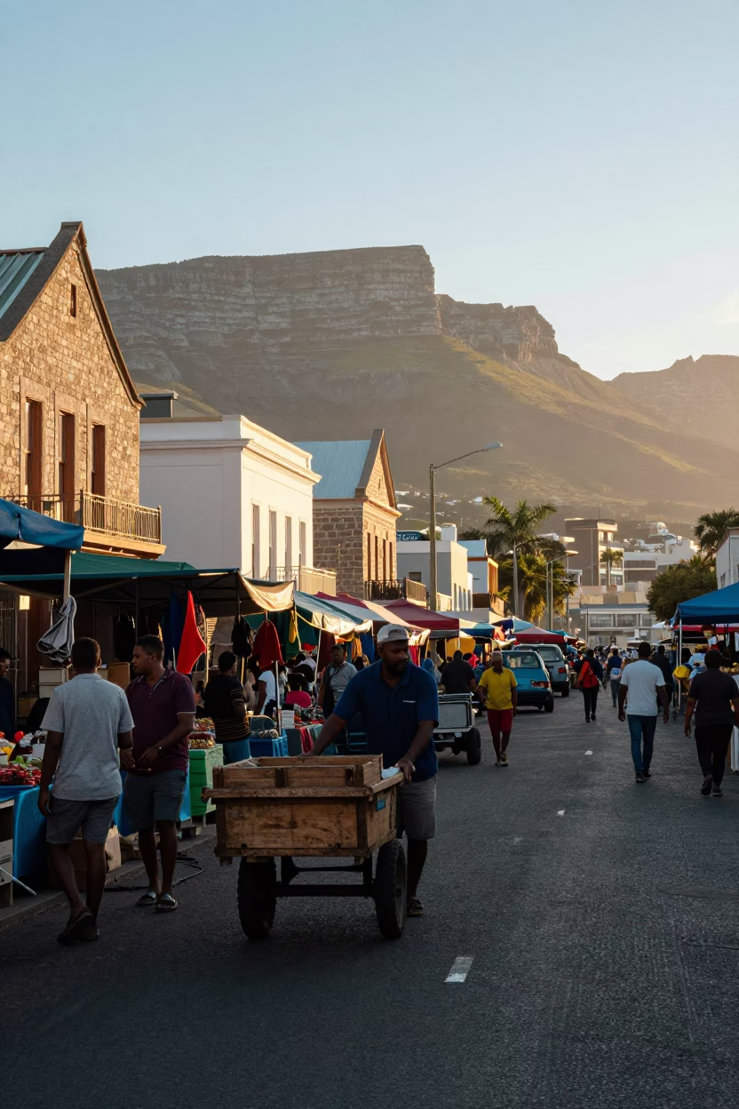 Cape Town Street Scene Just After Sunrise with Local Market Activity in in Cape Town, South Africa