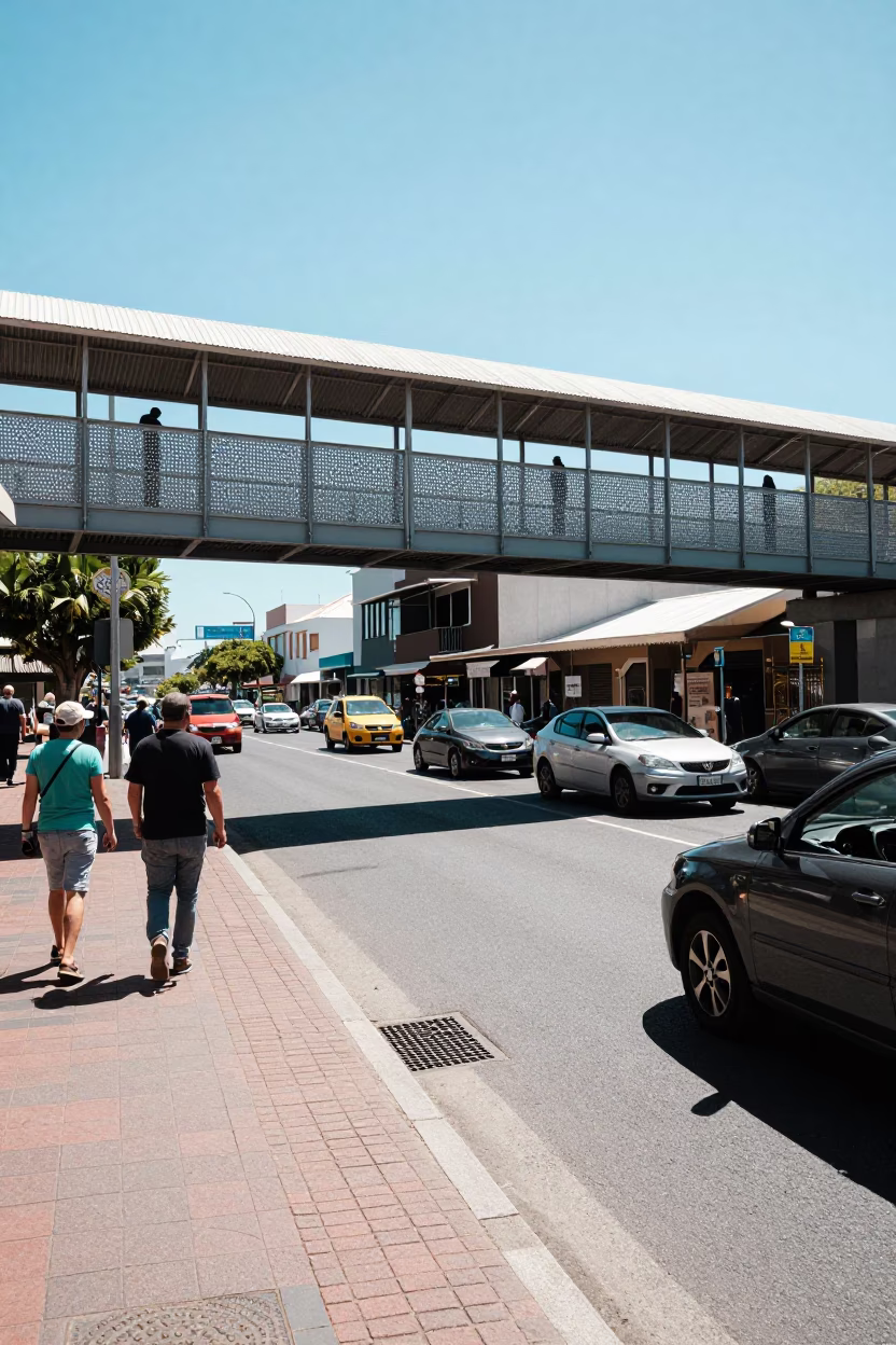 Cape Town Street Scene Midday with Pedestrian Overpass and Drain Details in in Cape Town, South Africa