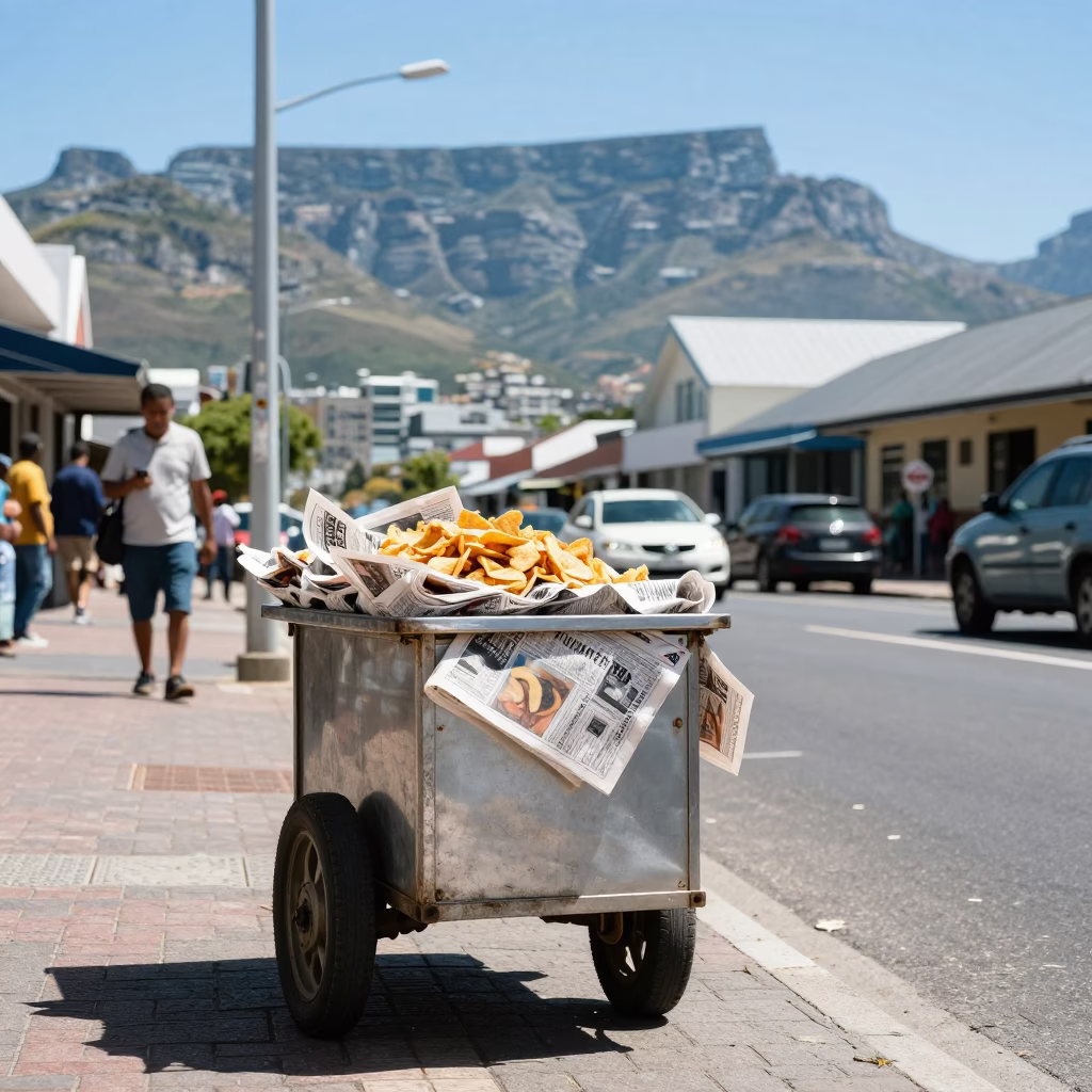Cape Town street scene under flat noon glare with local vendors and urban details in in Cape Town, South Africa