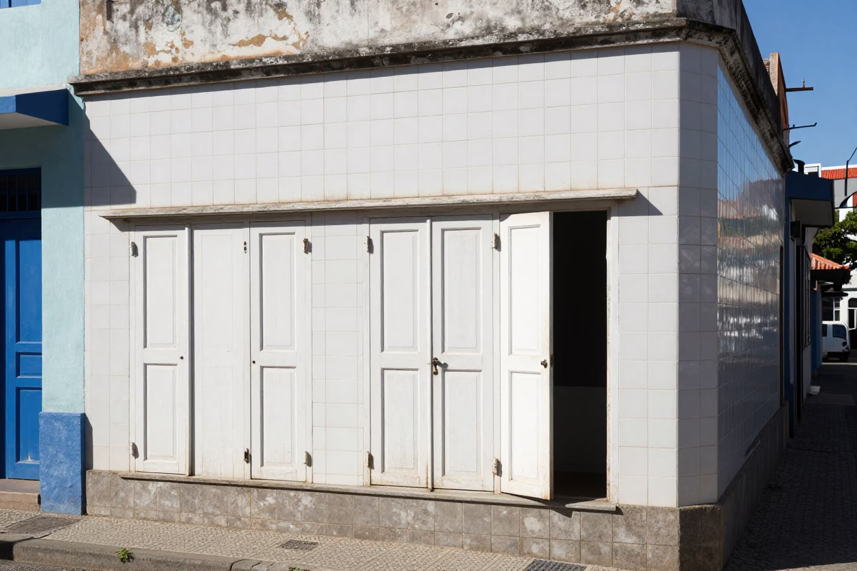 Cape Town street scene with ceramic tiles and cupboard doors in bright midmorning light in in Cape Town, South Africa