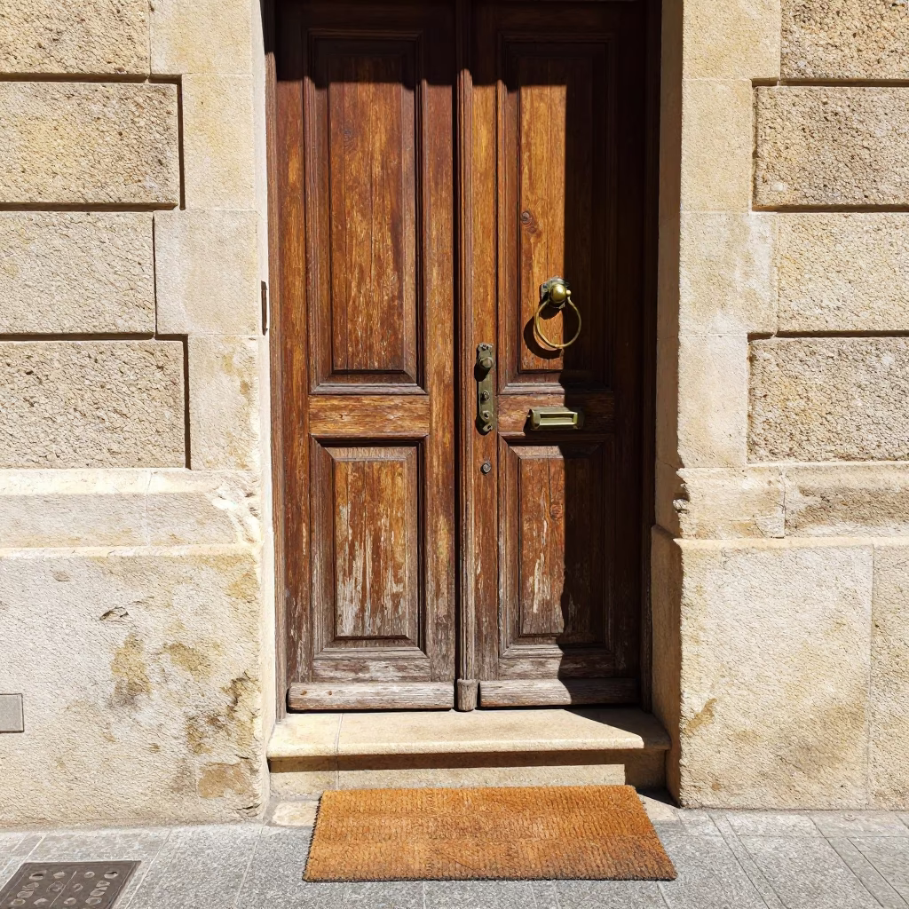 Cape Town street scene with doormat and brass knocker outside historic house in in Cape Town, South Africa