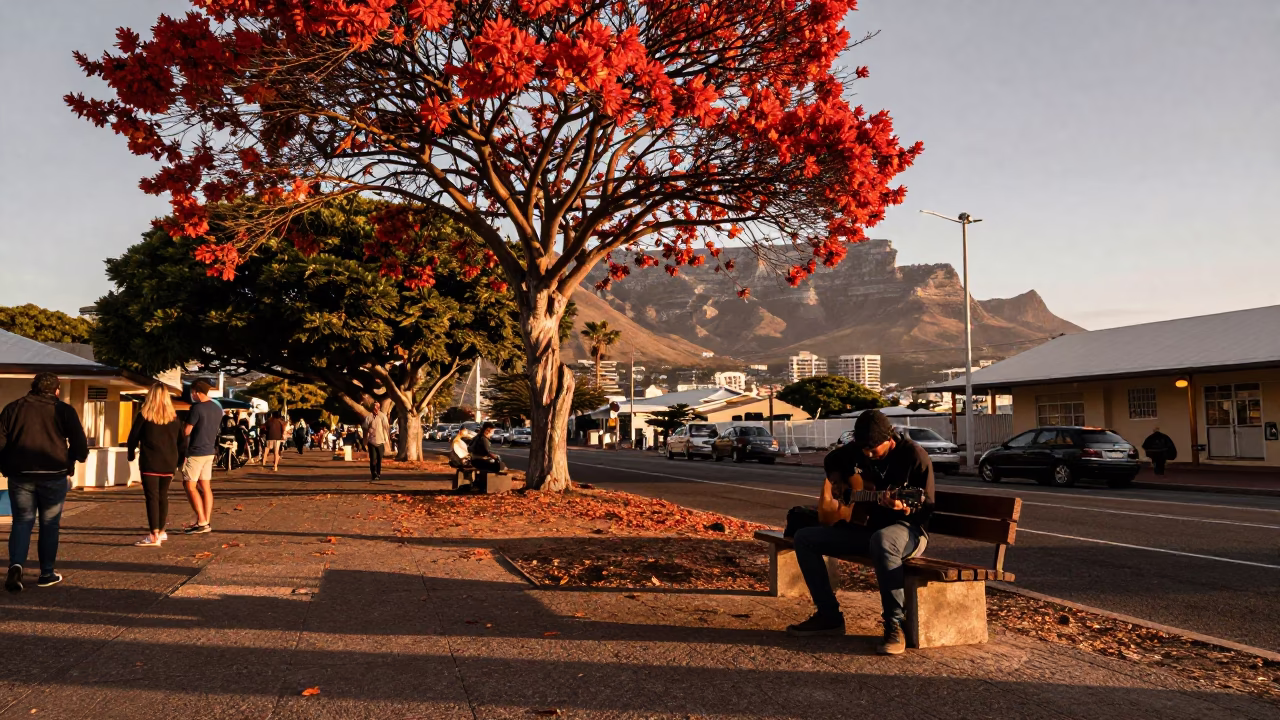 Cape Town Street Scene with Flame Tree and Guitar Player Before Dusk in in Cape Town, South Africa