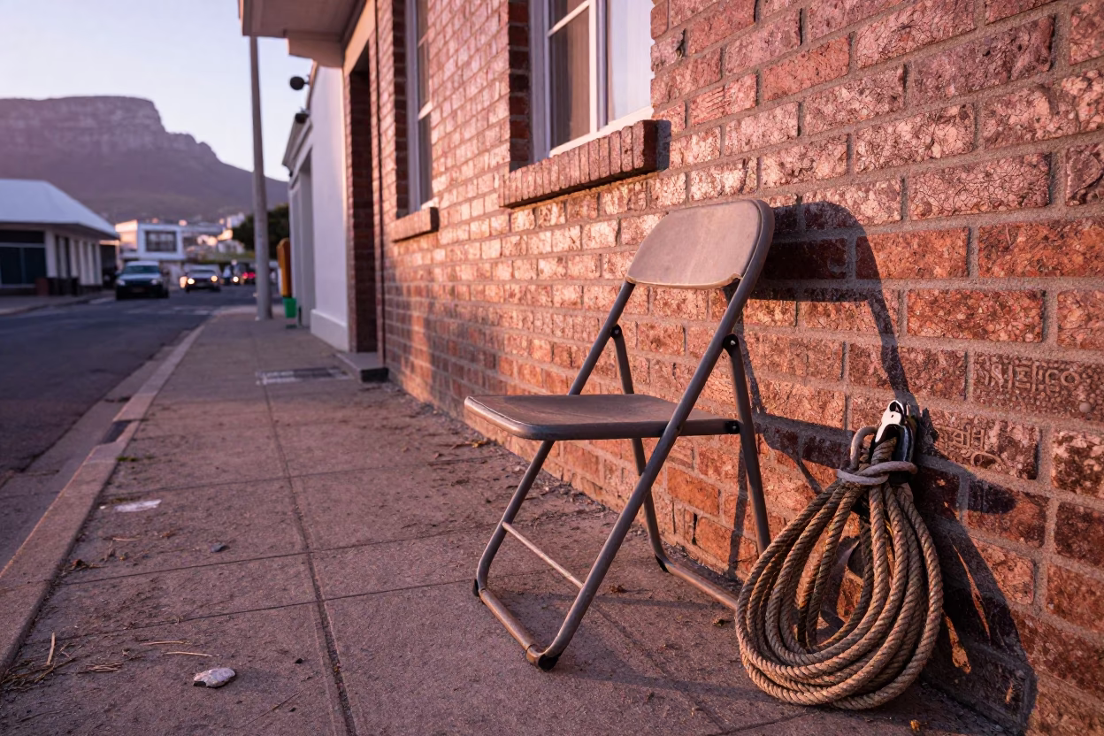 Cape Town Street Scene with Folding Chair and Rope at Sunrise in in Cape Town, South Africa