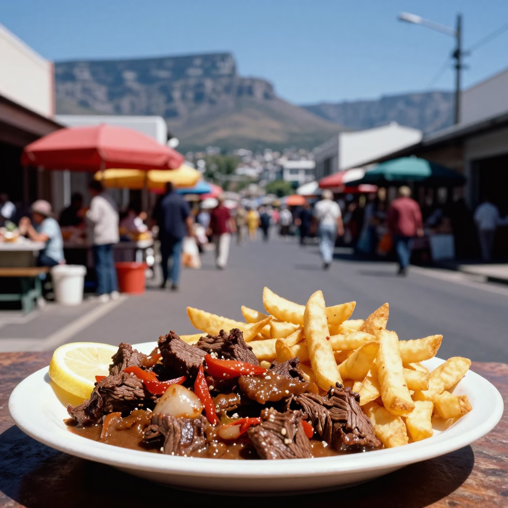 Cape Town Street Scene with Lomo Saltado and Local Market Activity in in Cape Town, South Africa