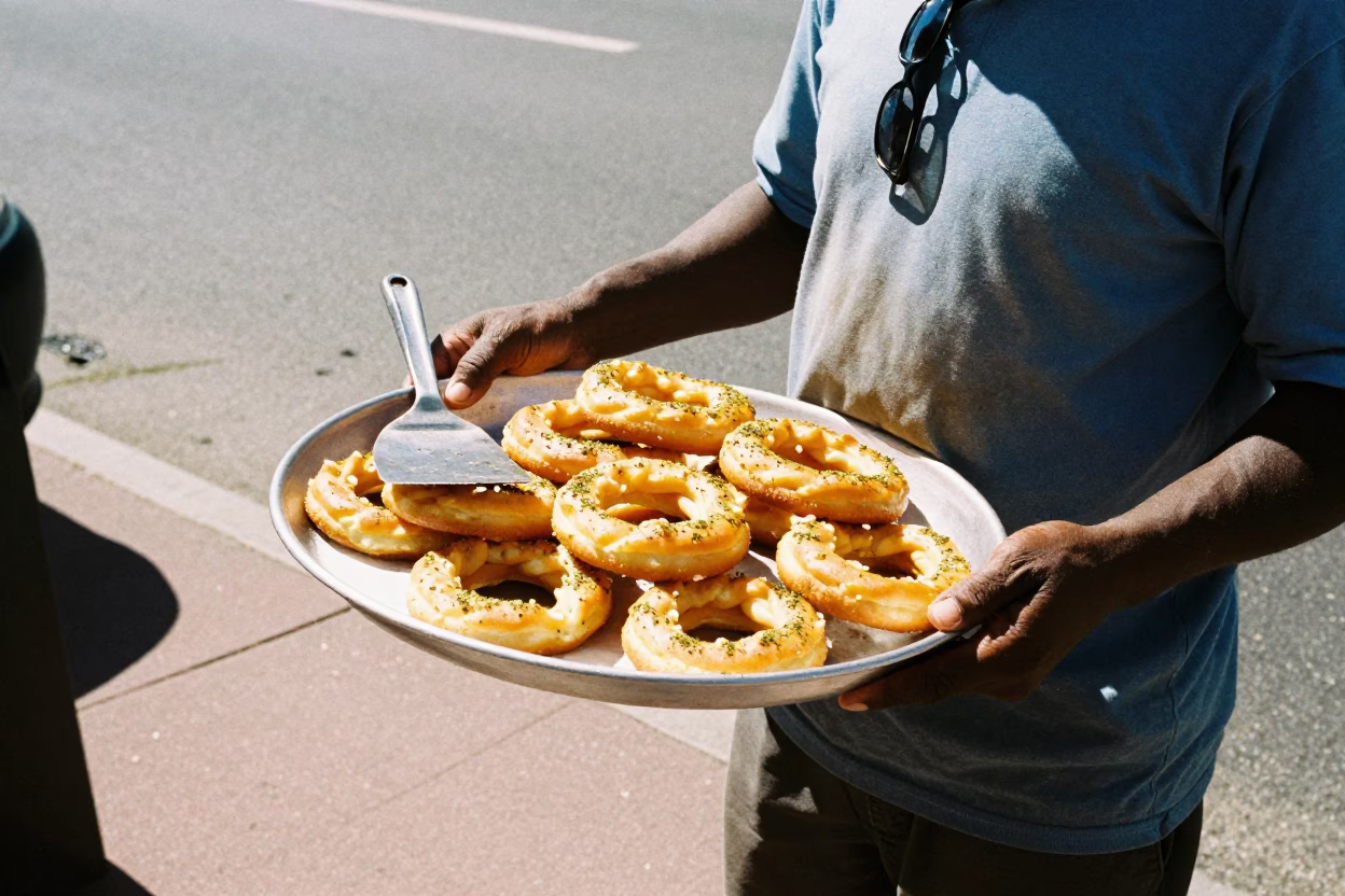 Cape Town Street Scene with Mandazi Tray and Spatula at Midday in in Cape Town, South Africa