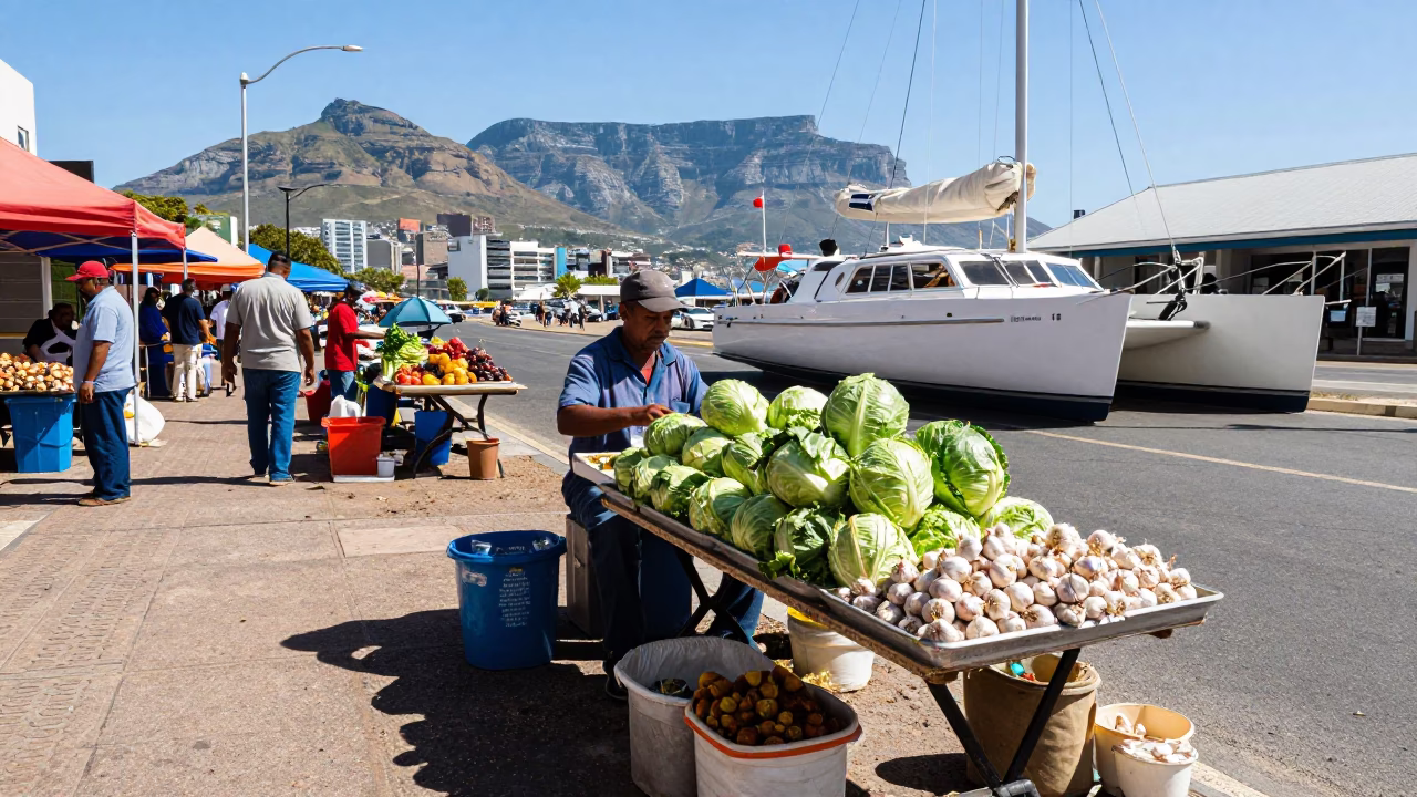 Cape Town Street Scene with Vintage Catamaran and Local Market Goods in in Cape Town, South Africa
