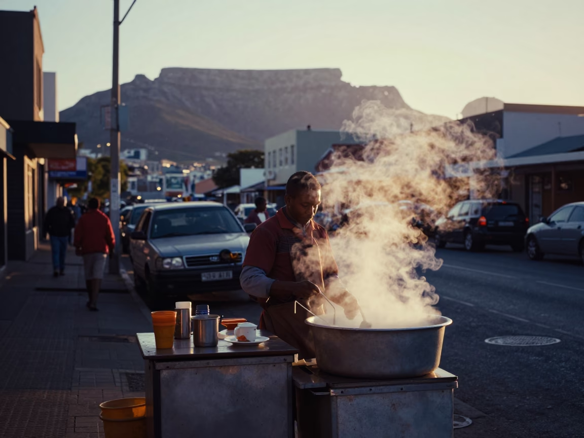 Cape Town Street Vendor Breakfast Stall Before Sunrise Steam and Clay Pots in in Cape Town, South Africa