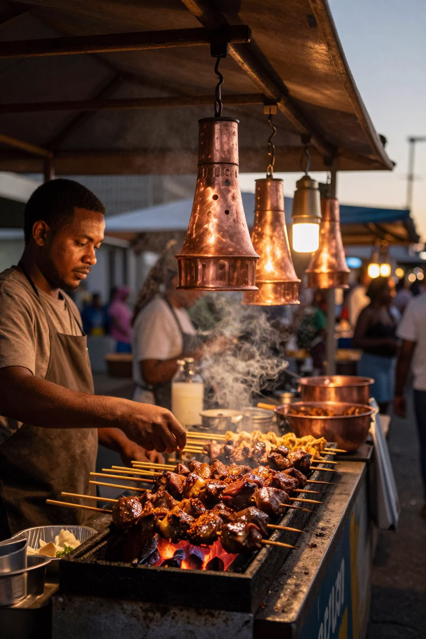 Cape Town Street Vendor Copper Light Anticuchos Skewers and Busy Market Scene in in Cape Town, South Africa