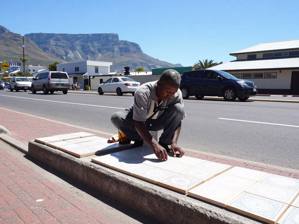 Cape Town Street Vendor Displaying Ceramic Tiles Under Noon Sunlight in in Cape Town, South Africa
