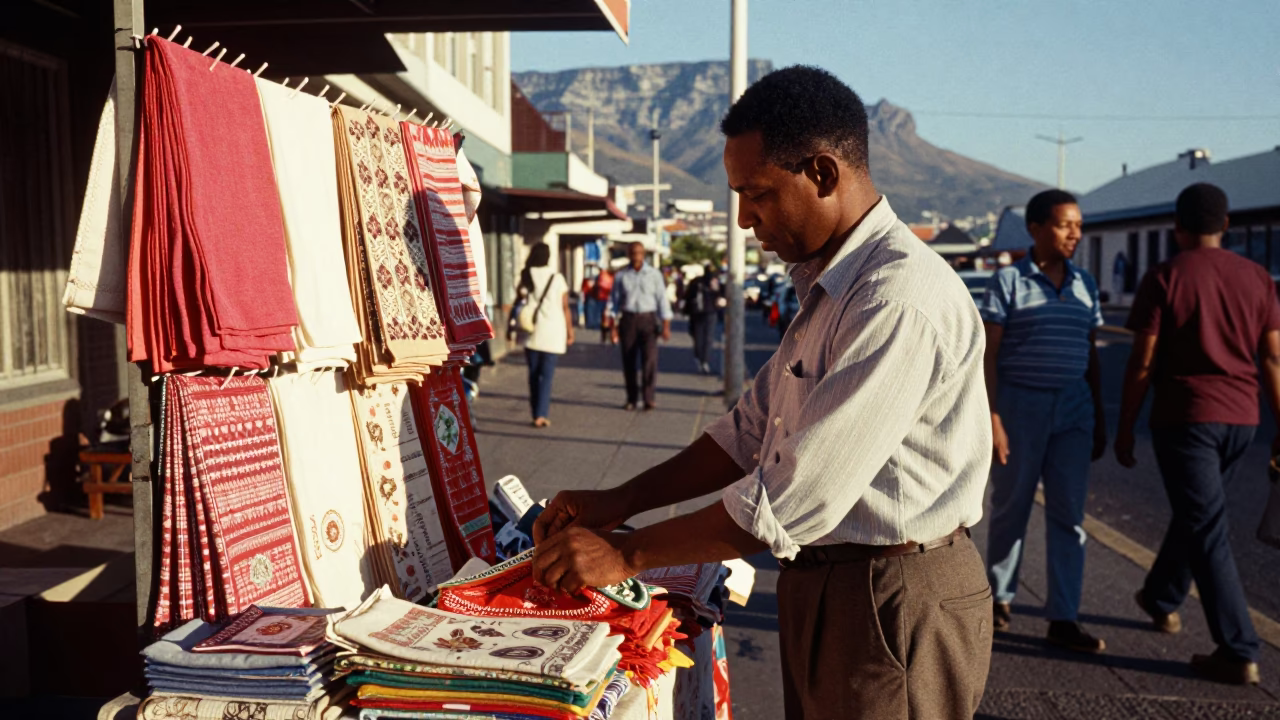 Cape Town Street Vendor Handkerchief and Peg Rail in Late Afternoon Sunlight in in Cape Town, South Africa