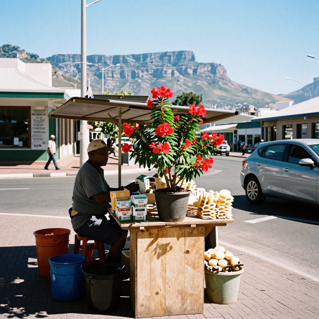 Cape Town Street Vendor Noon Light with Flowering Plant and Postcards in in Cape Town, South Africa