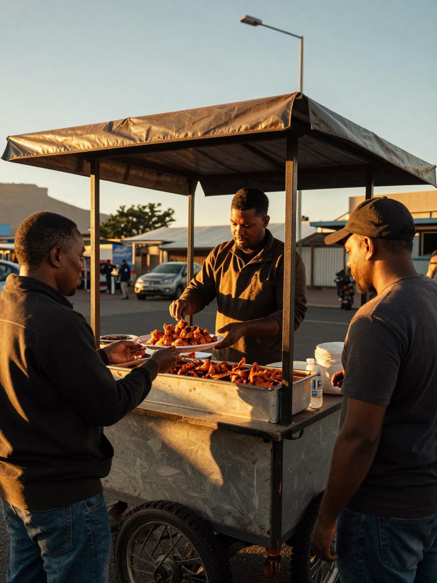 Cape Town street vendor selling chicken tikka masala in honeyed evening light in in Cape Town, South Africa