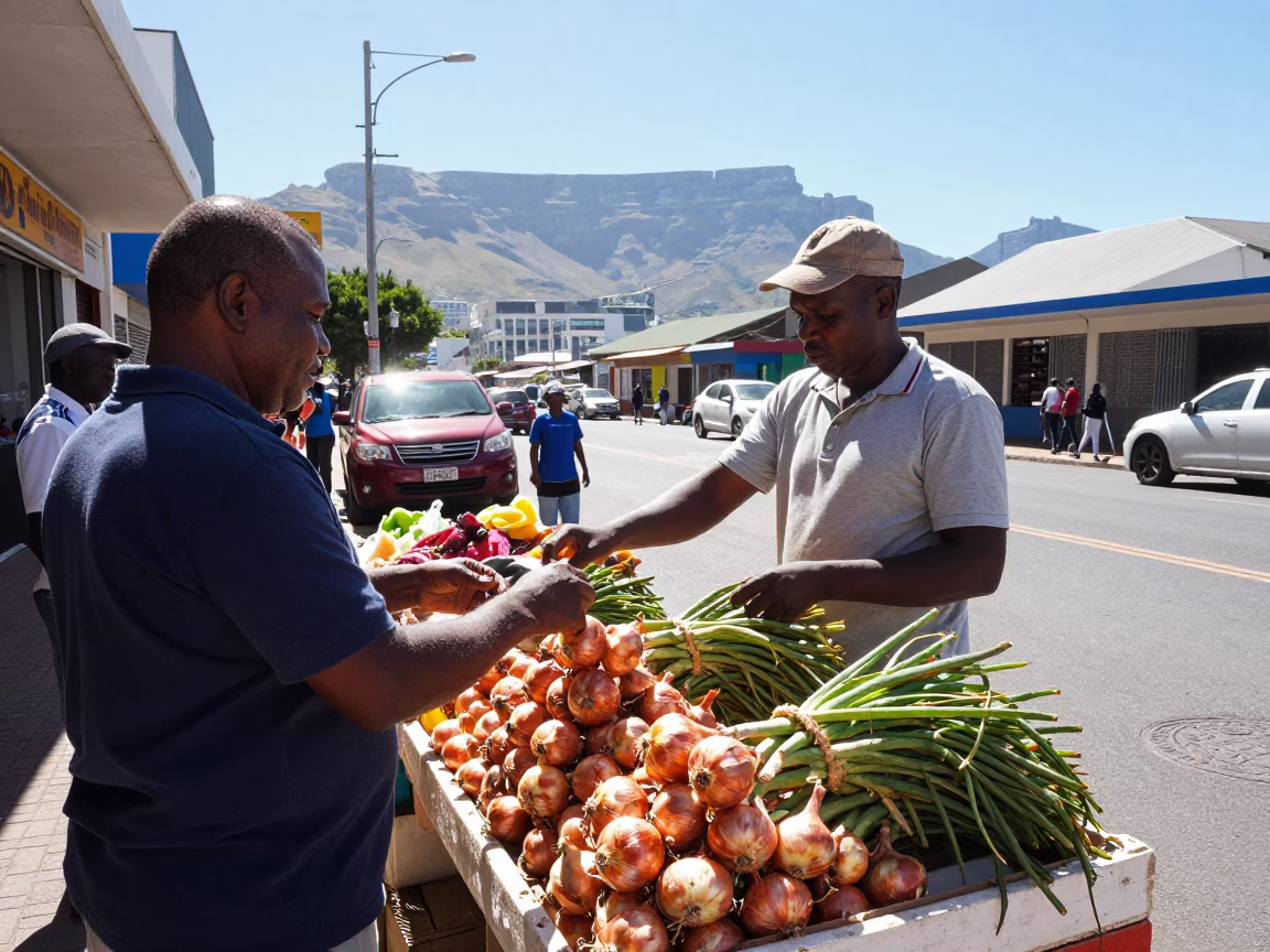 Cape Town Street Vendor Selling Fresh Onions in Bright Midmorning Light in in Cape Town, South Africa