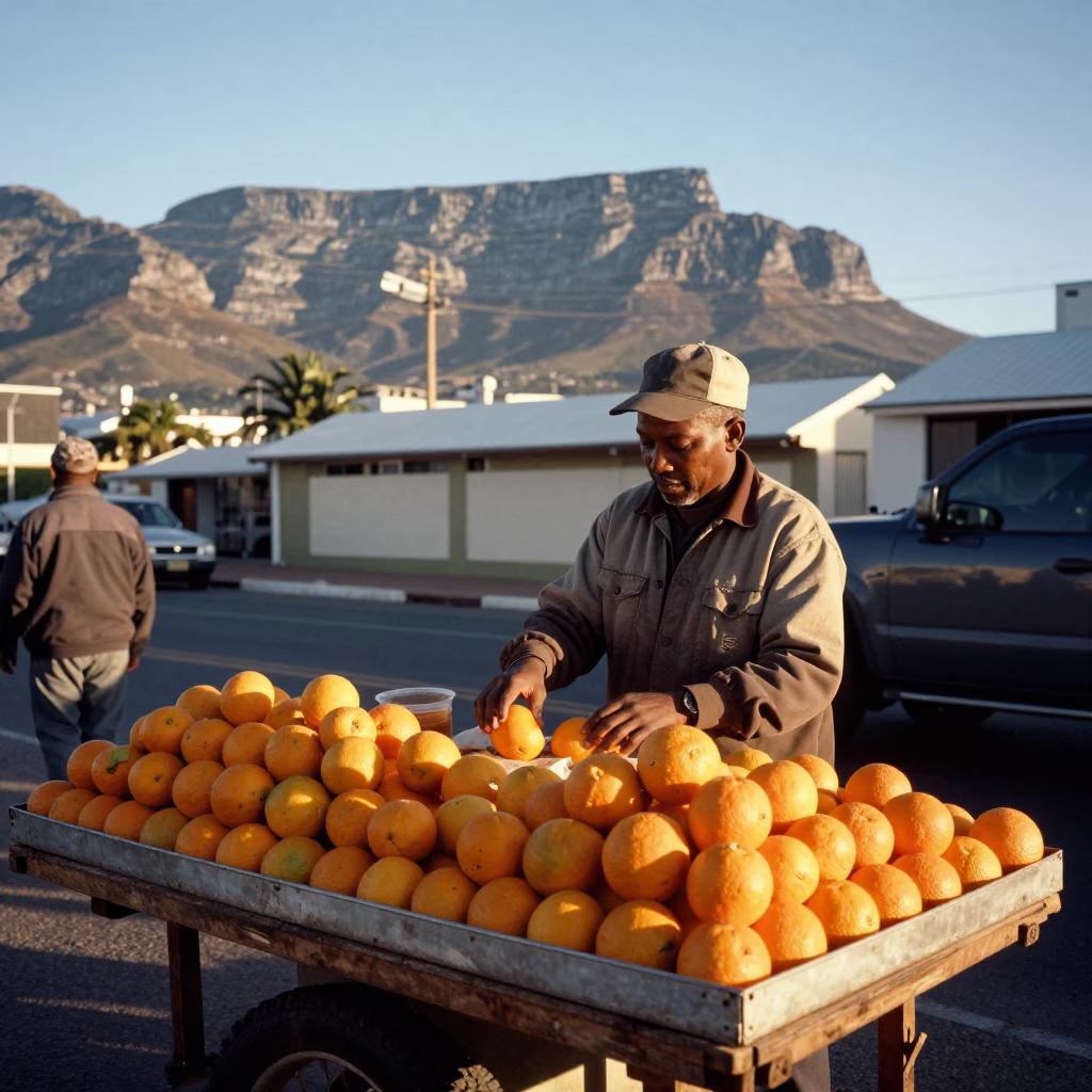 Cape Town street vendor selling fresh oranges near Table Mountain in evening light in in Cape Town, South Africa