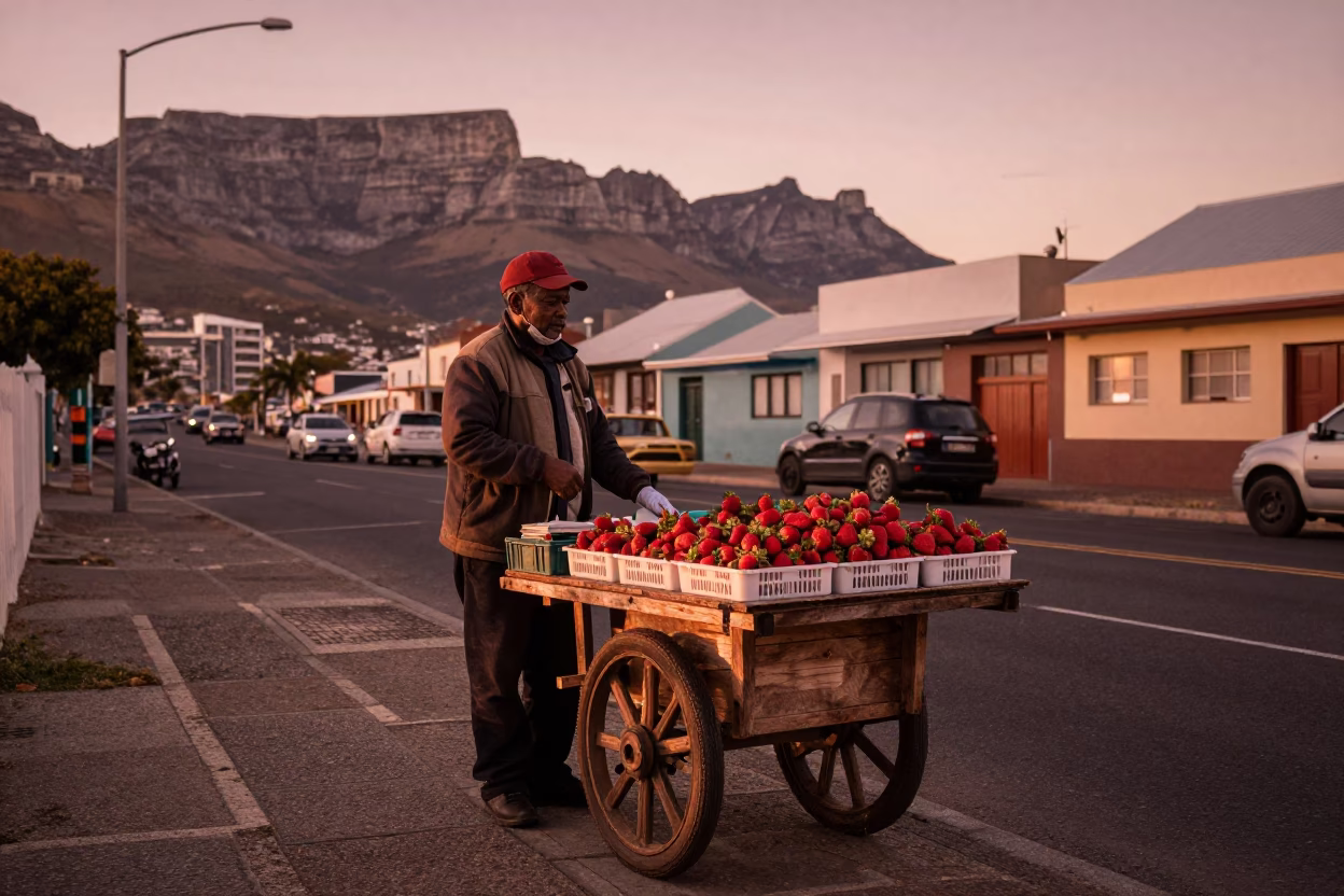 Cape Town street vendor selling fresh strawberries in copper dusk light in in Cape Town, South Africa