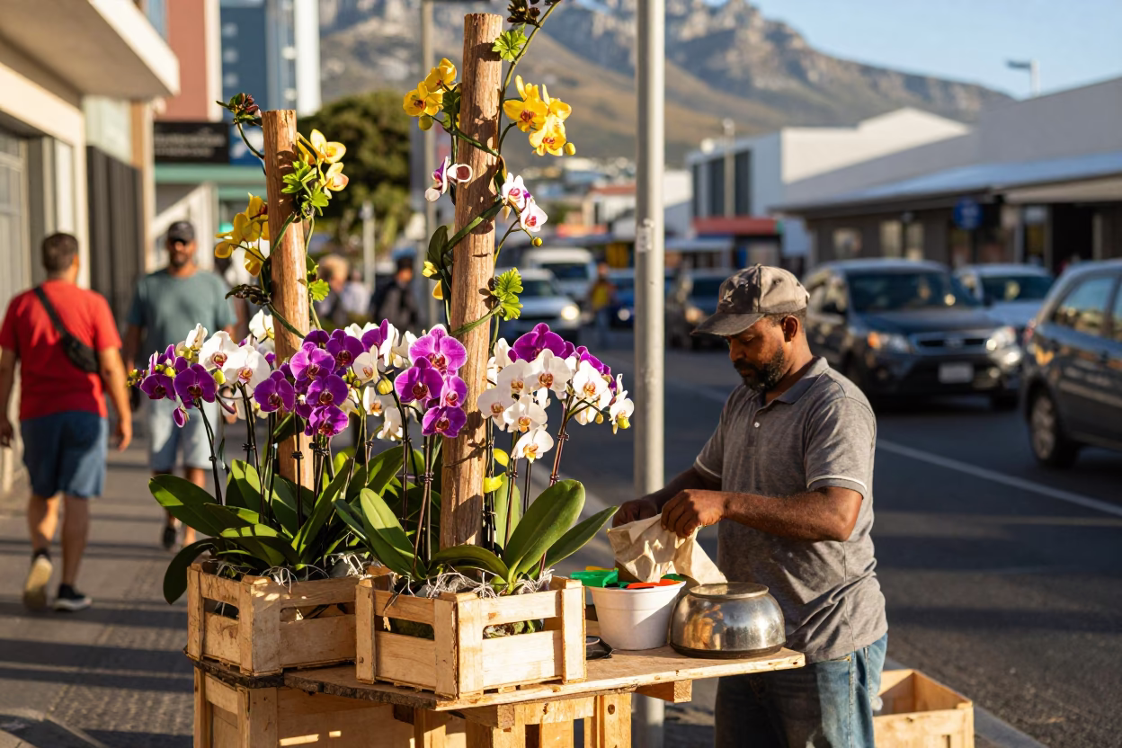 Cape Town Street Vendor Selling Fresh Vanilla Orchids Near Table Mountain Afternoon Light in in Cape Town, South Africa