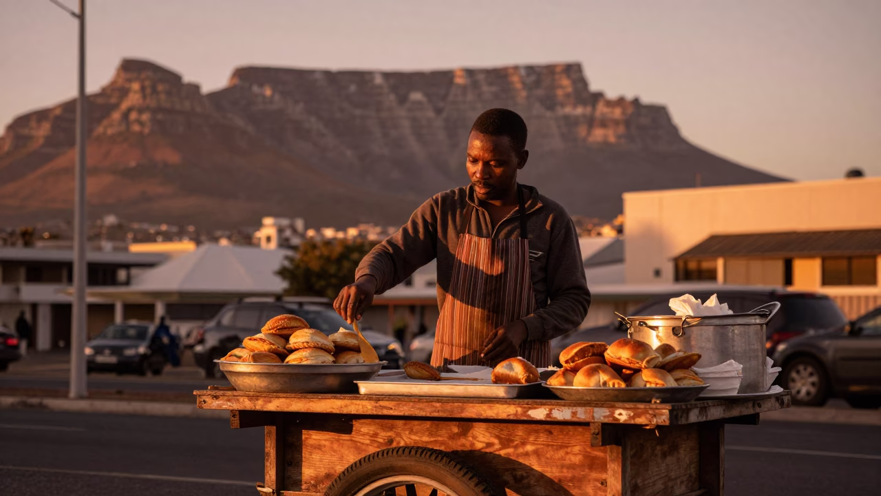 Cape Town Street Vendor Serving Hot Pastries in Copper Dusk Light in in Cape Town, South Africa