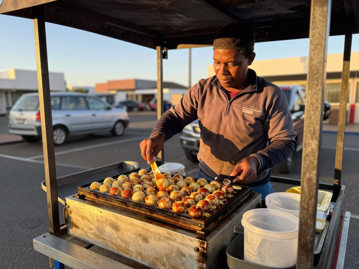 Cape Town Street Vendor Serving Takoyaki on a Tray During Honeyed Evening Light in in Cape Town, South Africa
