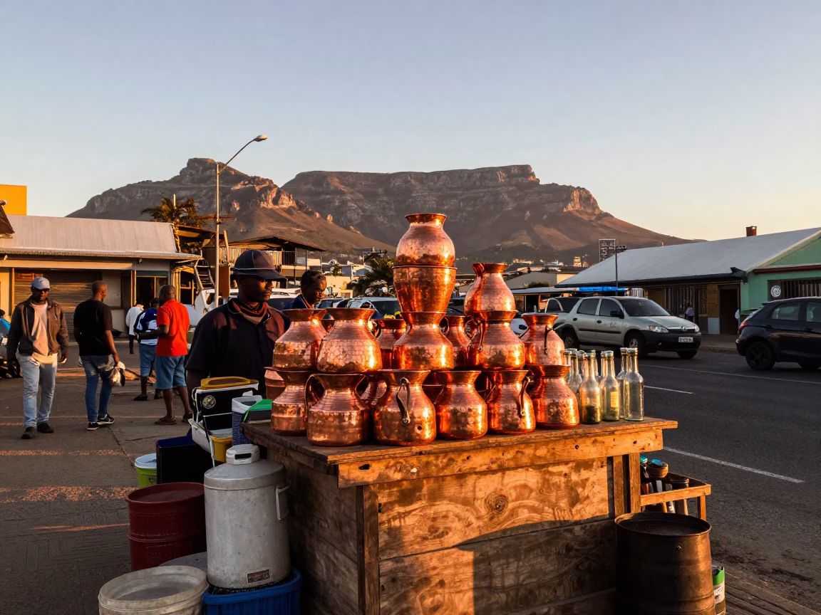 Cape Town Street Vendor Stall Golden Hour Copper Pots and Glass Bottles in in Cape Town, South Africa