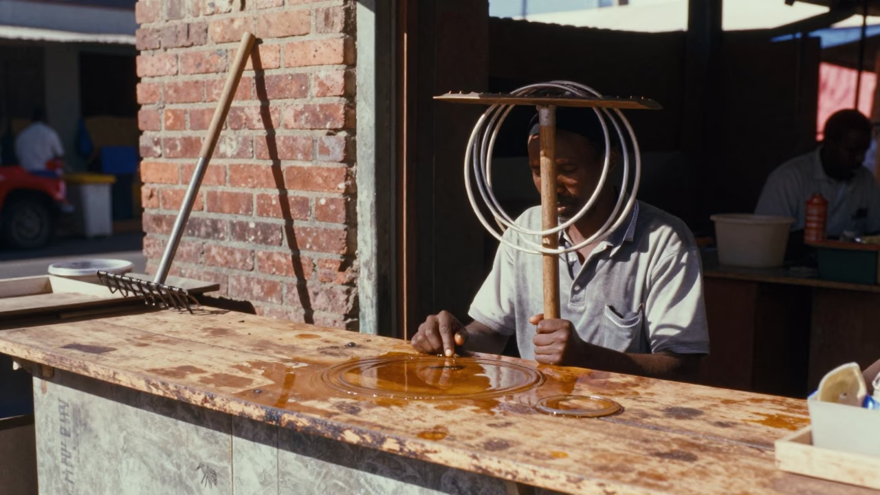 Cape Town Street Vendor with Rake Head and Water Rings on Countertop in in Cape Town, South Africa