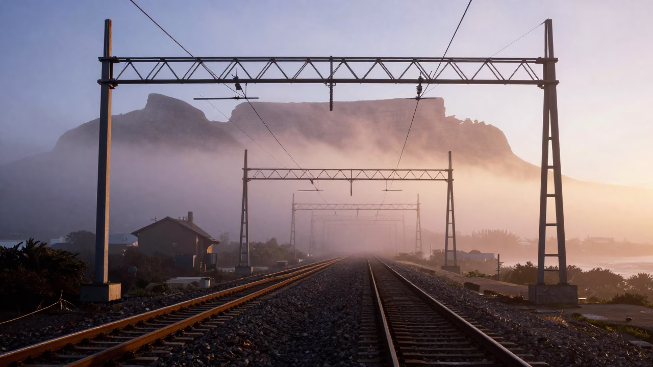 Cape Town Sunrise Catenary Rails and Industrial Fog Morning Light in in Cape Town, South Africa