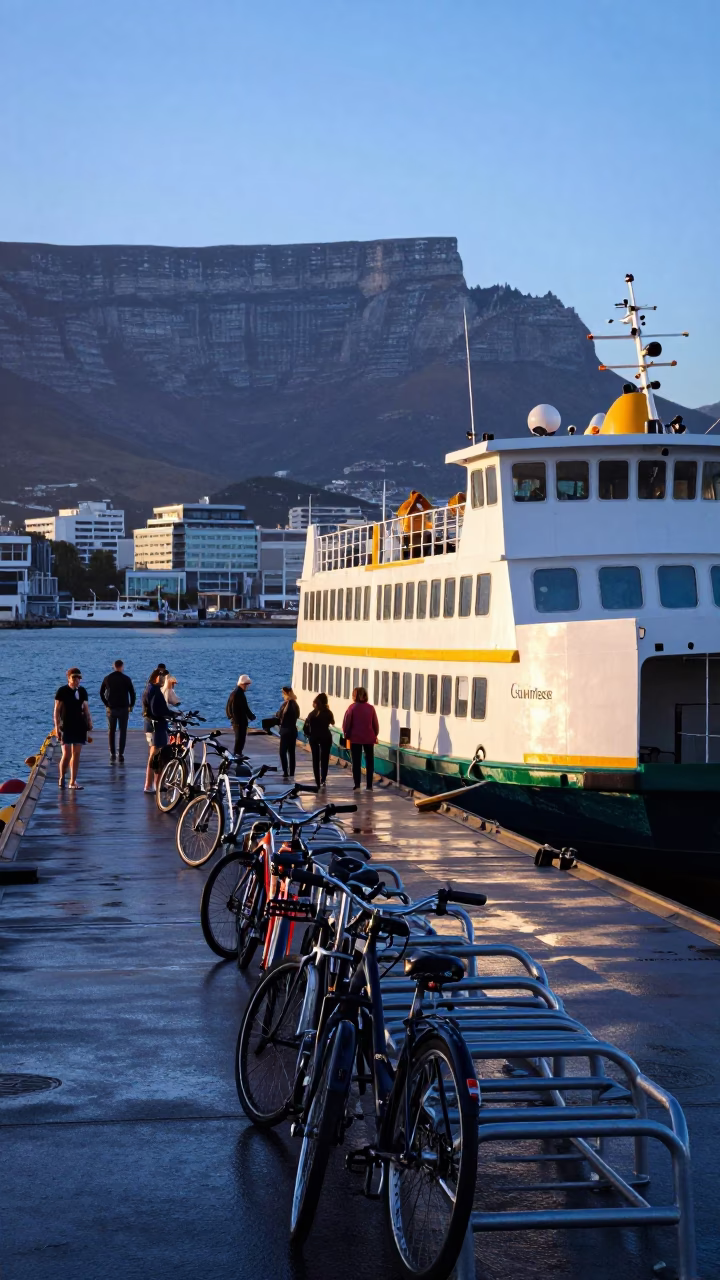 Cape Town Sunrise Ferry Dock with Bicycles and Steel Racks Before Dawn in in Cape Town, South Africa