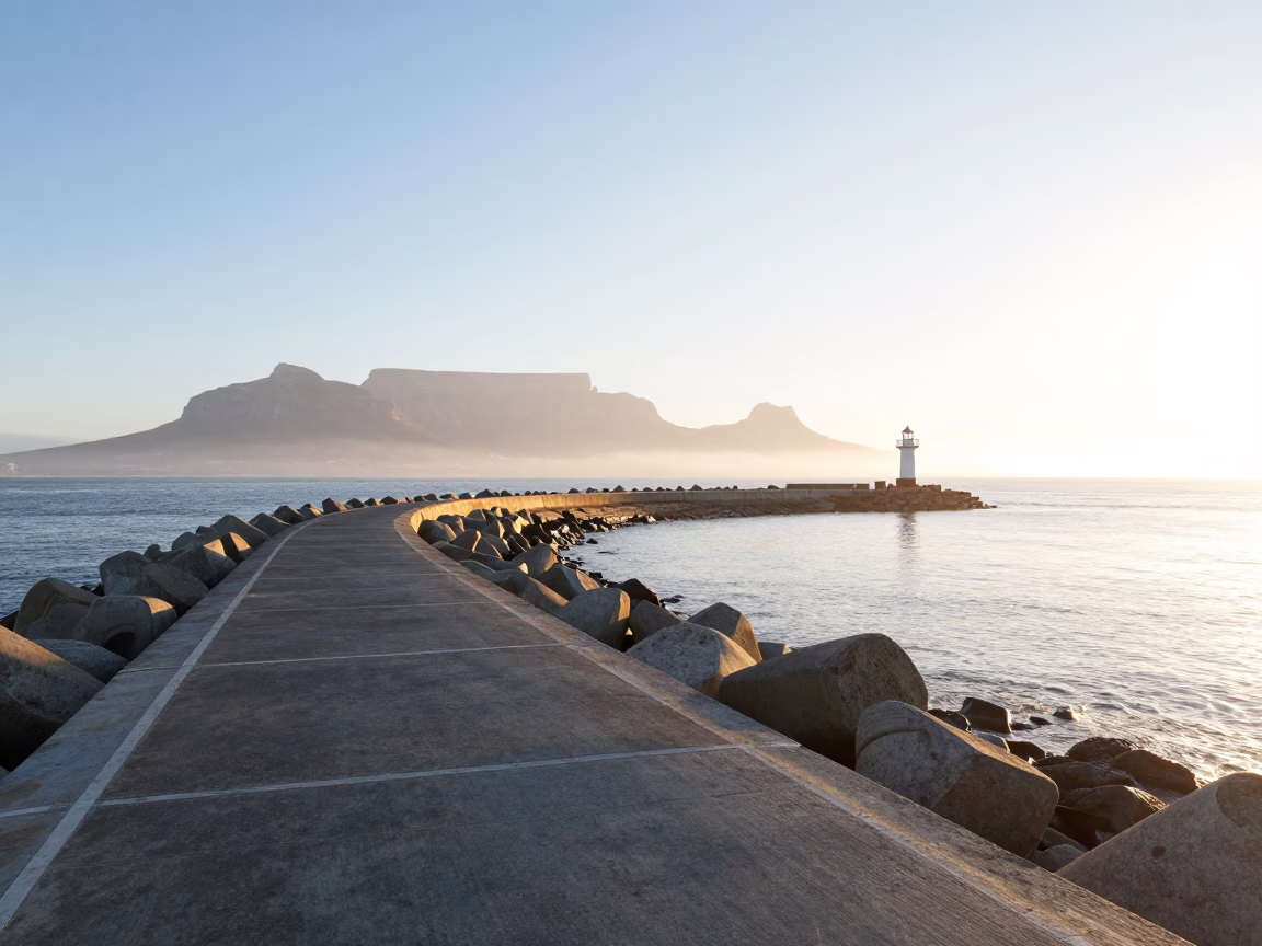 Cape Town Sunrise Harbor Breakwater Curve Leading to Lonely Beacon with Concrete Apartment Blocks in in Cape Town, South Africa