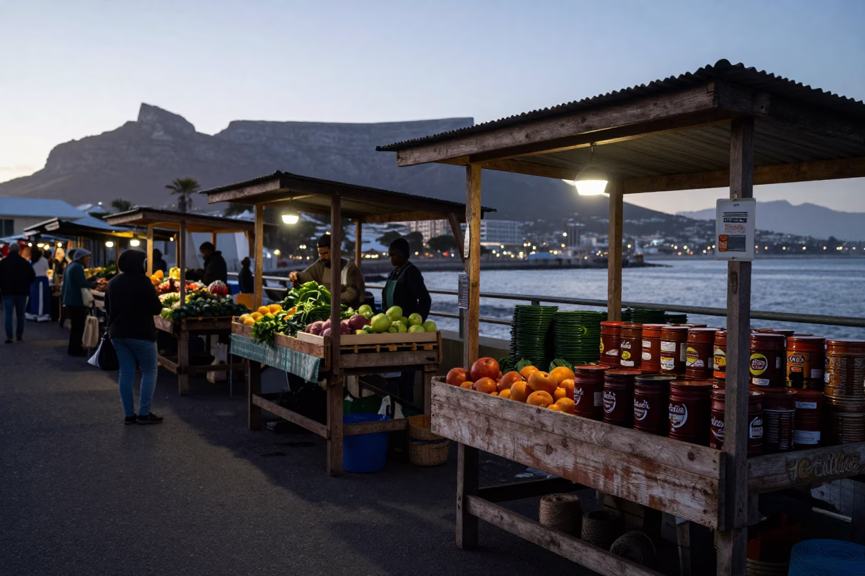 Cape Town Sunrise Market Stalls with Twine and Coffee Tin on Table in in Cape Town, South Africa