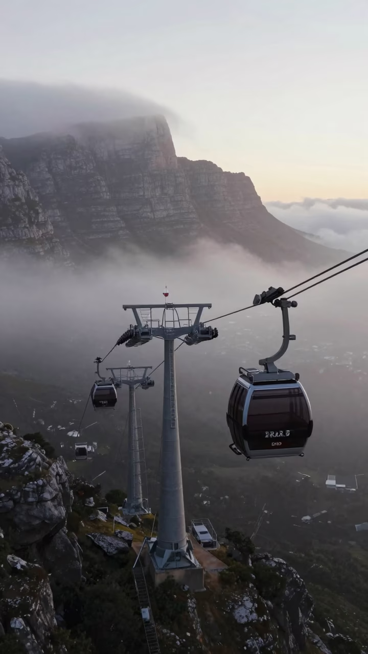 Cape Town Sunrise Mist Aerial Tramway Gondola Foggy Mountain Morning Light in in Cape Town, South Africa