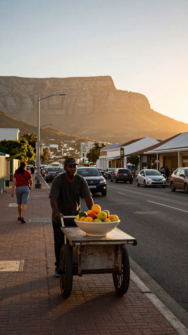 Cape Town Sunrise Street Scene with Caster Wheel and Ceramic Bowl in in Cape Town, South Africa