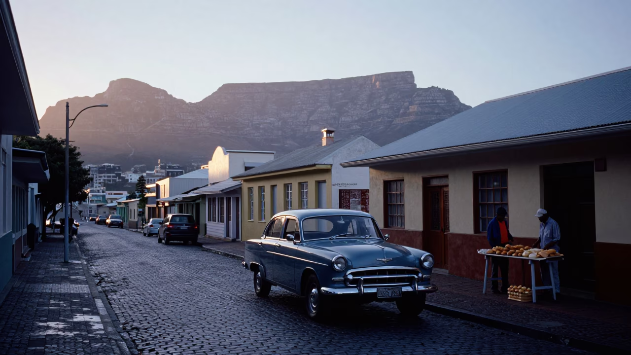 Cape Town Sunrise Street Scene with Vintage Car and Local Market Stalls in in Cape Town, South Africa