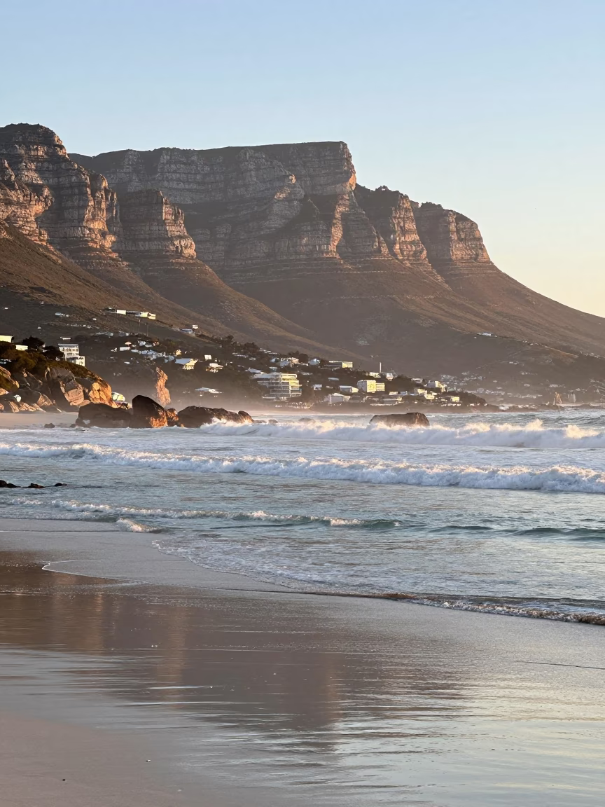 Cape Town Sunrise View of Table Mountain and Atlantic Ocean Ripples in in Cape Town, South Africa