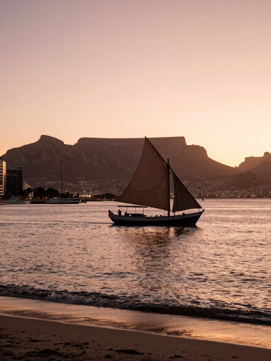 Cape Town Sunset Harbor Scene with Dhow Sail Silhouette and Driftwood Beach in in Cape Town, South Africa