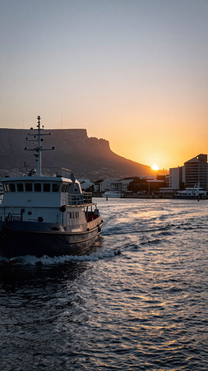 Cape Town Sunset Harbor Scene with Hammered Metal Boat and Choppy Water in in Cape Town, South Africa