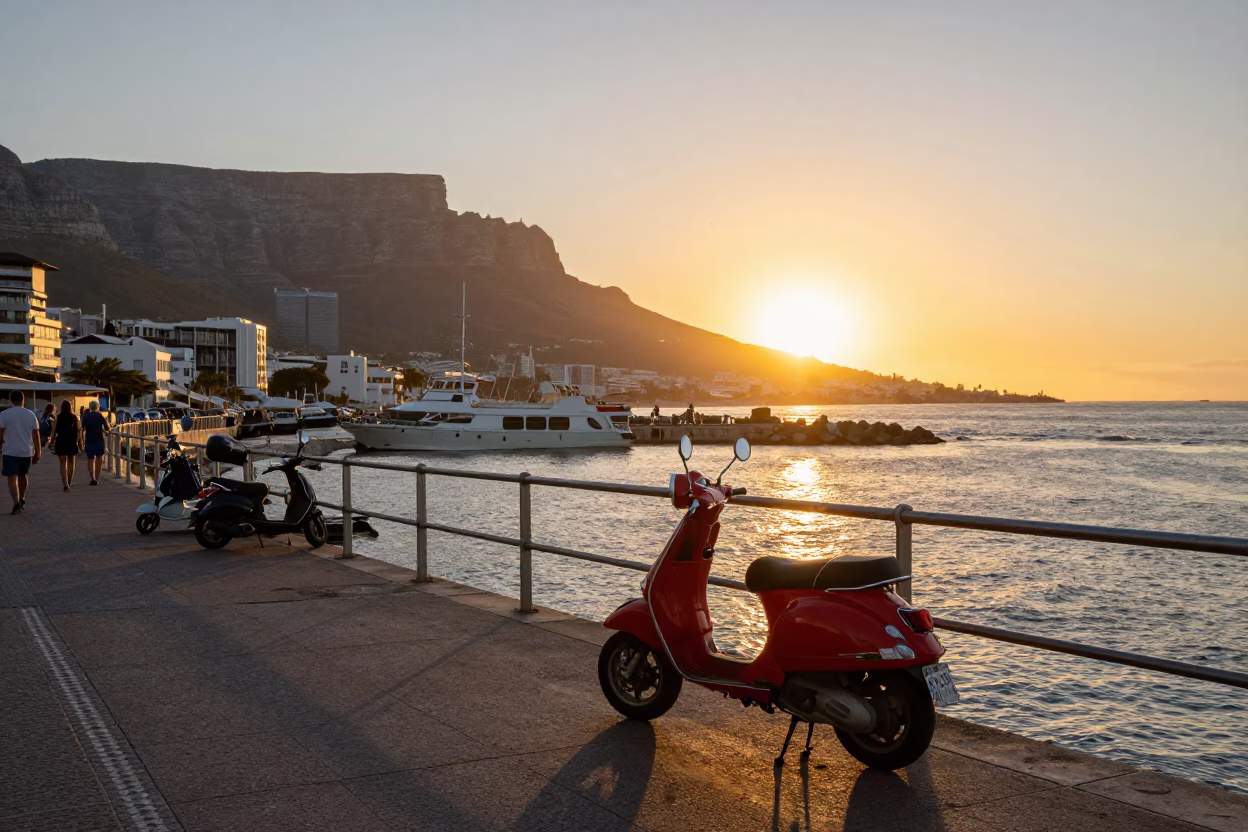 Cape Town Sunset Harbor Scene with Scooter and Local Life in in Cape Town, South Africa