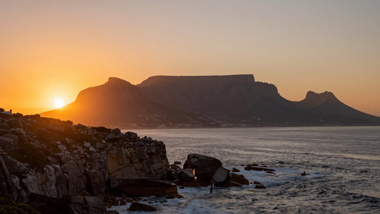 Cape Town Sunset Landscape with Table Mountain and Coastal Cliffside View in in Cape Town, South Africa