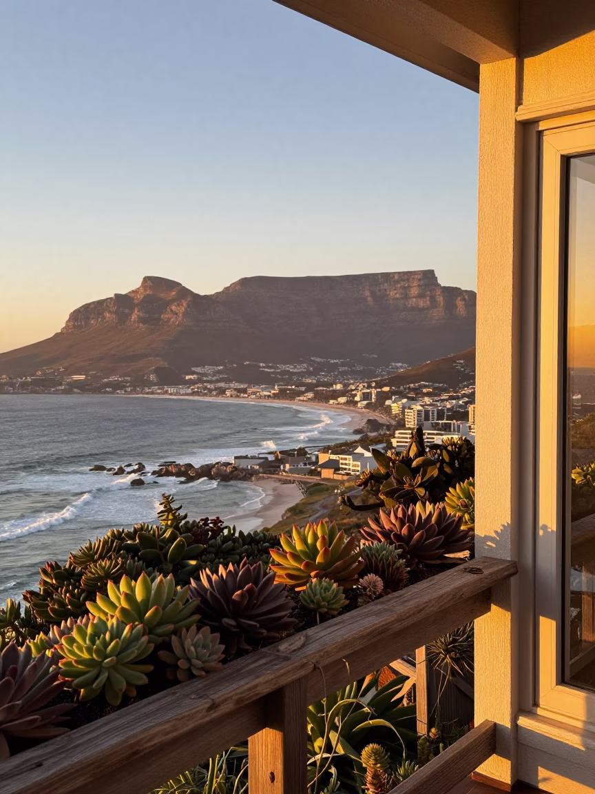 Cape Town Sunset Landscape with Table Mountain and Coastal Window Boxes in in Cape Town, South Africa